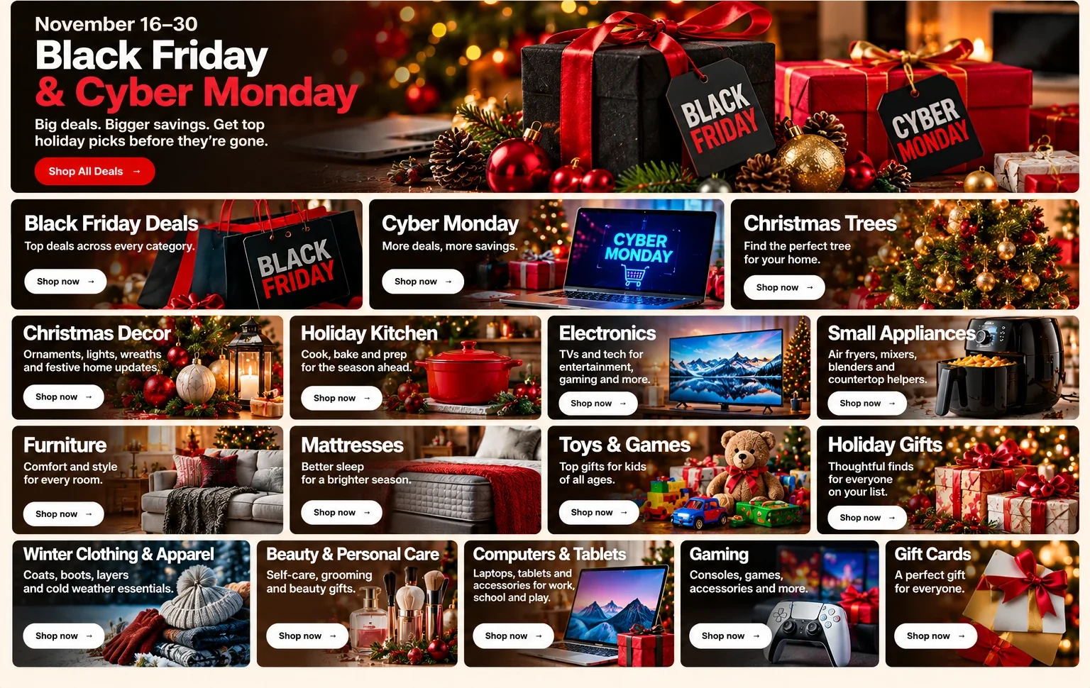 November 16–30 Black Friday and Cyber Monday holiday shopping storefront with category cards for Christmas trees, decor, kitchen, electronics, small appliances, furniture, mattresses, toys, gifts, winter clothing, beauty, computers, gaming and gift cards.