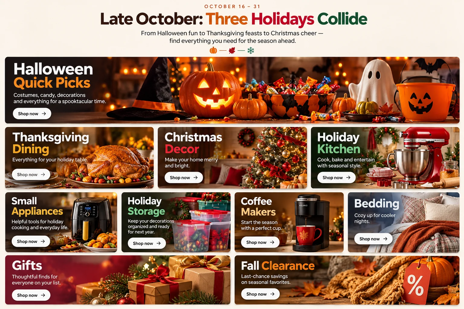 Late October shopping guide featuring Halloween Quick Picks, Thanksgiving Dining, Christmas Decor, Holiday Kitchen, Small Appliances, Holiday Storage, Coffee Makers, Bedding, Gifts, and Fall Clearance.